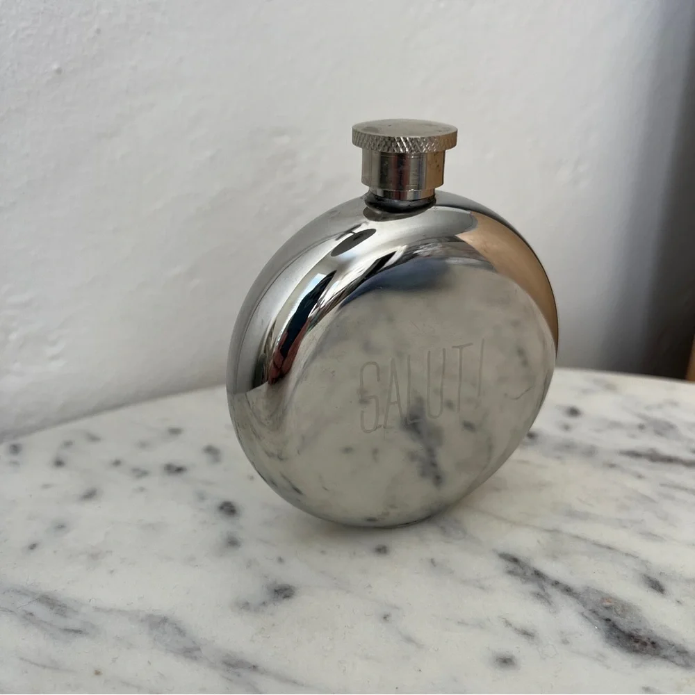 Isola Salut! Polished Stainless Steel 3oz round modern HIP FLASK pocket flask